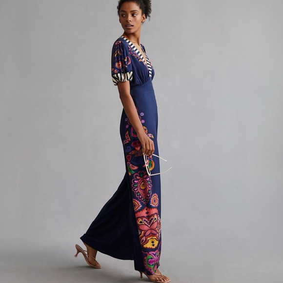 NWT Farm Rio Deep V Jumpsuit Size S Small Navy Blue Hearts Floral Tropical - Picture 2 of 8